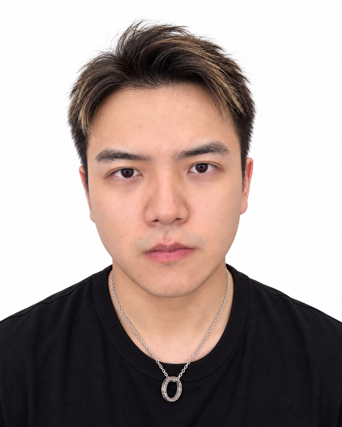 Centered natural-color portrait of Zhuchen Cao in a black T-shirt, without sunglasses, on a white background